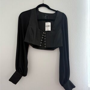 Black Buttoned Crop Blouse with Long Sleeves